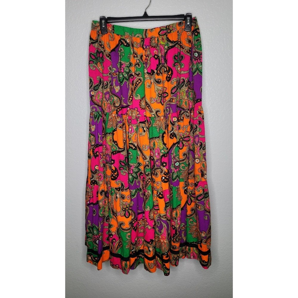 Vintage 1970's Neon Paisley Knee Length Skirt Size Large Hippie‎ Boho Festival